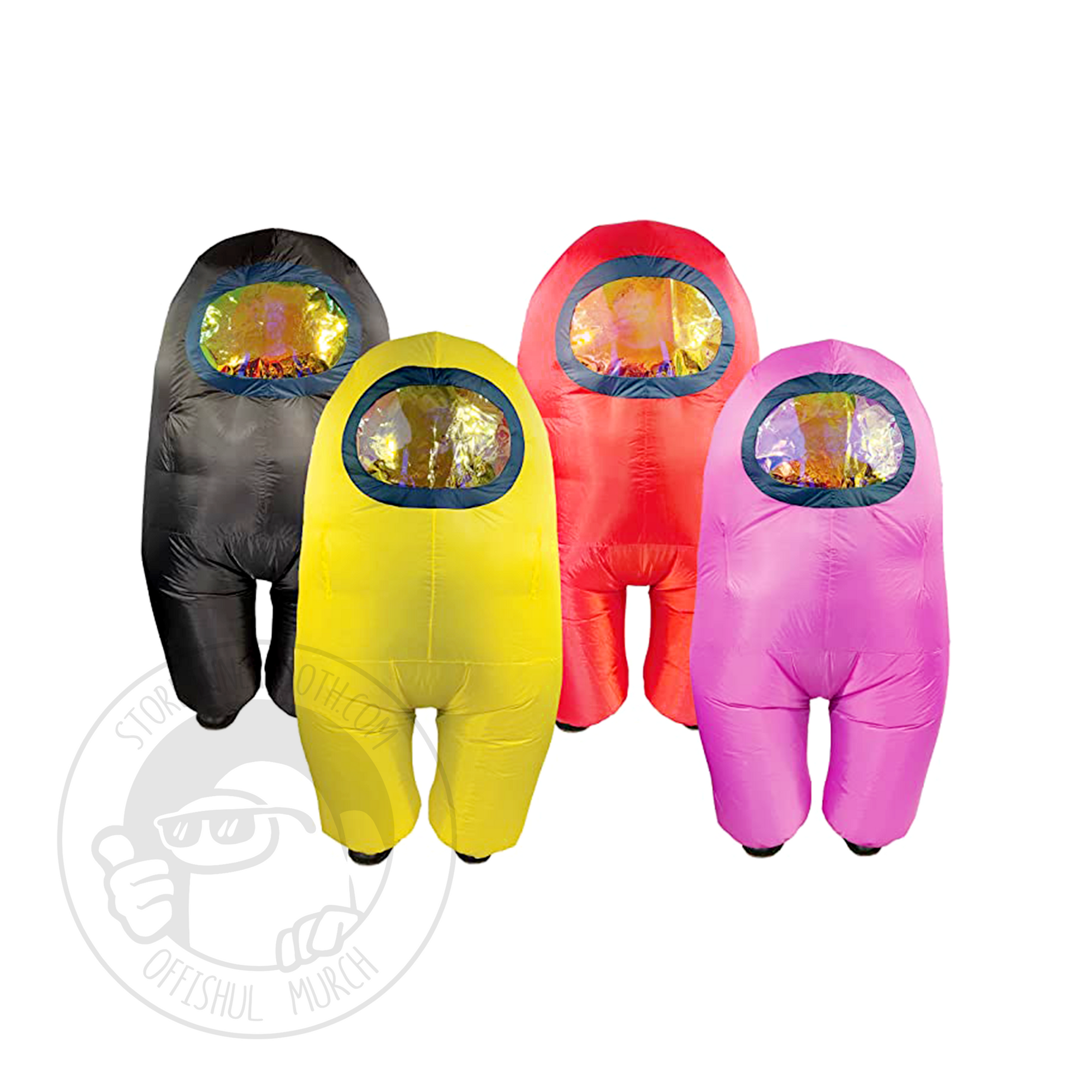 Front View group shot of the black, yellow, red, and pink adult-sized inflatable Crewmate costumes. The Crewmate visors are made of a tinted material to obscure the wearer's face. 