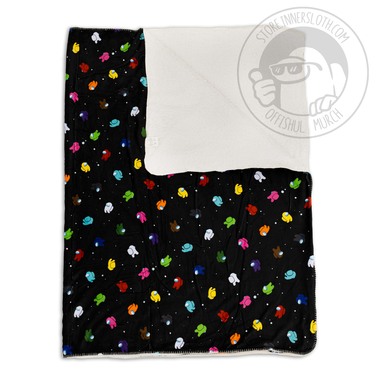 A black Among Us blanket featuring the colorful Crewmates &quot;Space Party&quot; pattern, which consists of evenly-spaced Crewmates of all colors floating on a black space background. The blanket is folded, with the top right corner folded back to show the white sherpa lining.