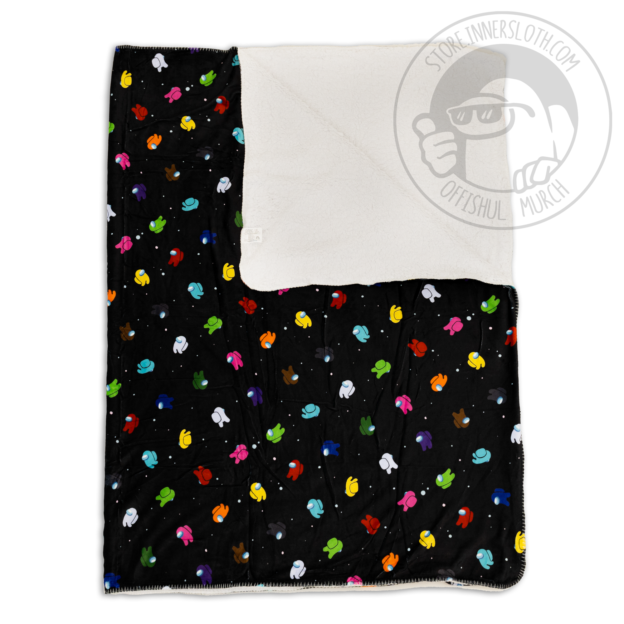A black Among Us blanket featuring the colorful Crewmates "Space Party" pattern, which consists of evenly-spaced Crewmates of all colors floating on a black space background. The blanket is folded, with the top right corner folded back to show the white sherpa lining.