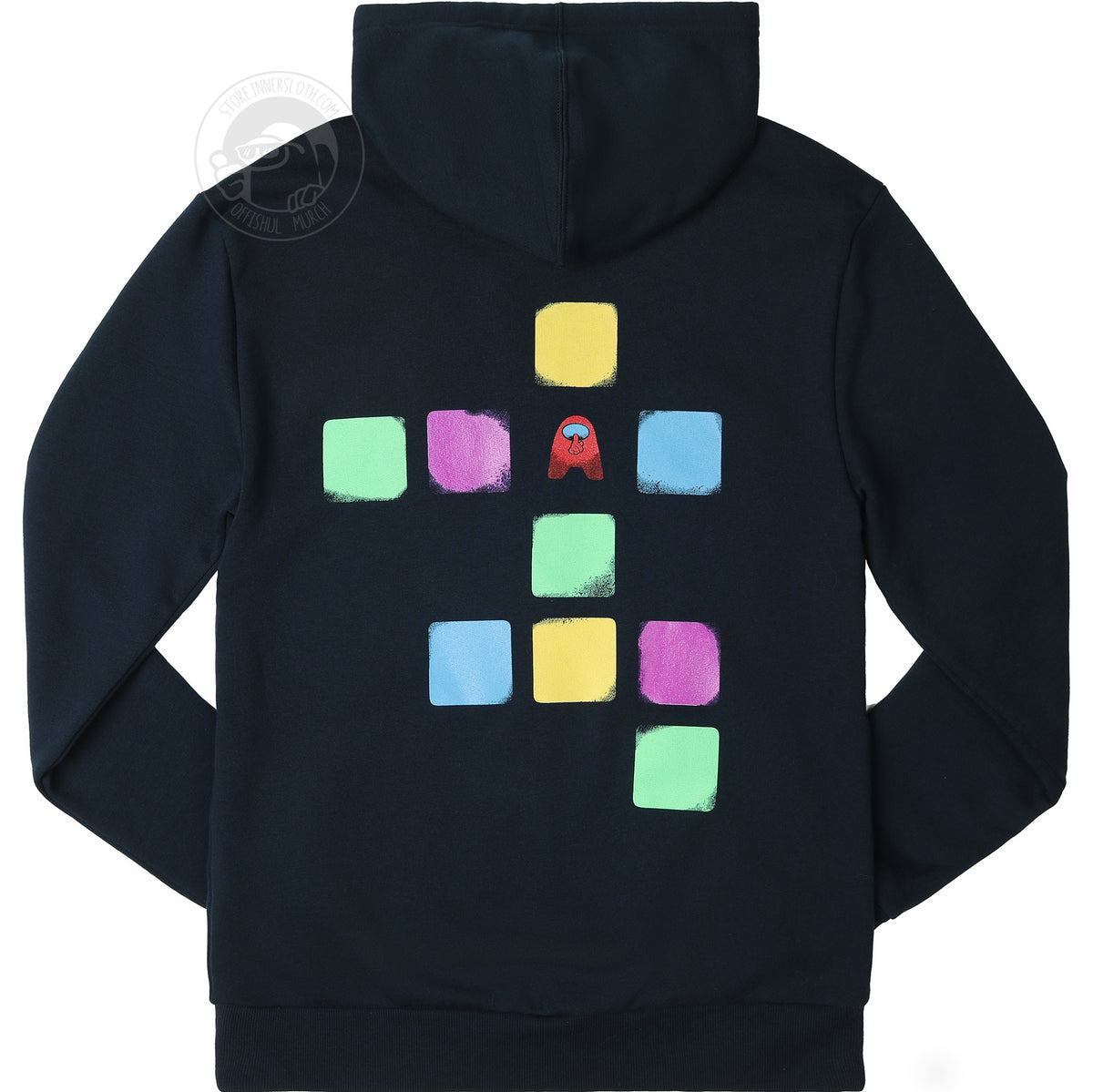 A product photo of the back of the Among Us: Cosmicube Hoodie. Colorful squares are laid out in the template one would use to create a 3D cube from paper. One of the squares has been replaced with a red crewmate making the “Shh!” motion.