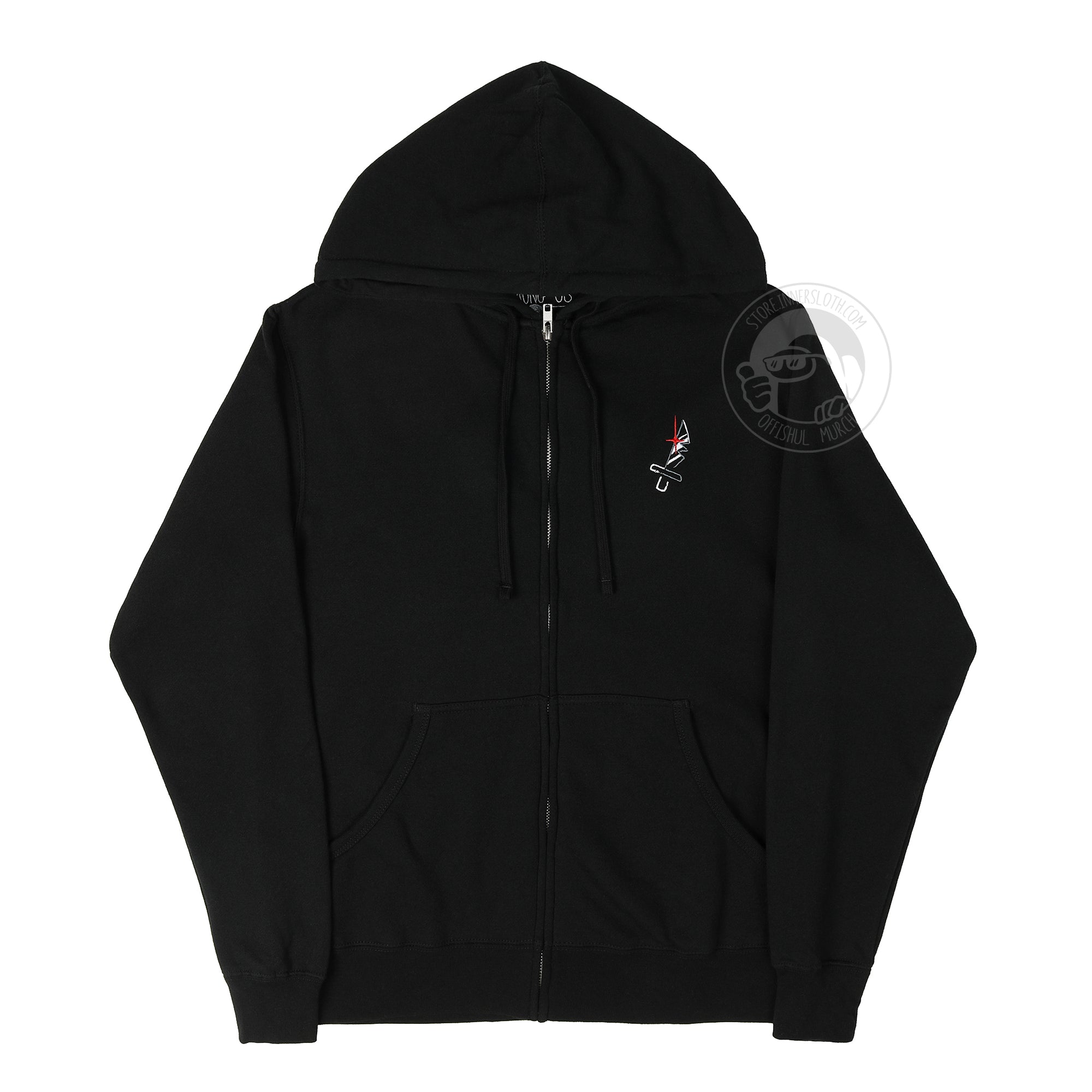 A flat lay photograph of a black zip-up hoodie. Embroidered art on the left breast shows a small white knife with a red impostor shine.