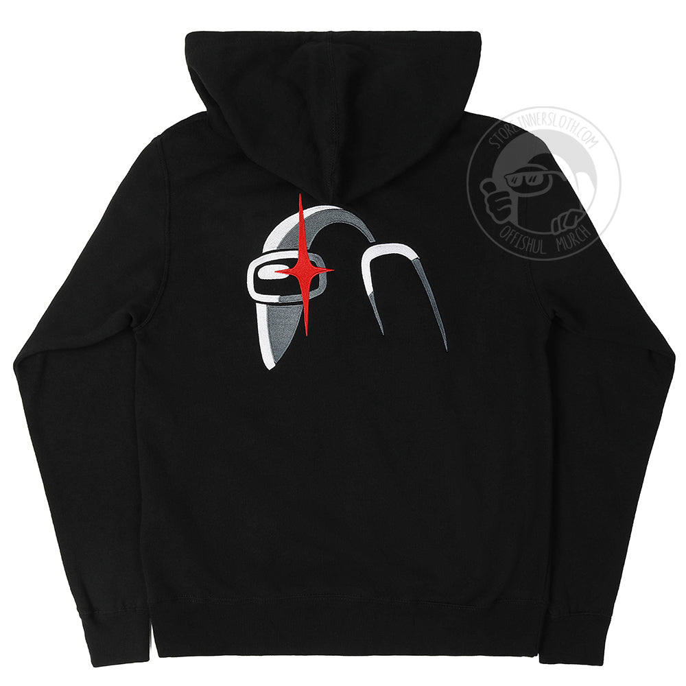 A flat lay photograph of a black zip-up hoodie. Embroidered art on the left breast shows a small white knife with a red impostor shine.