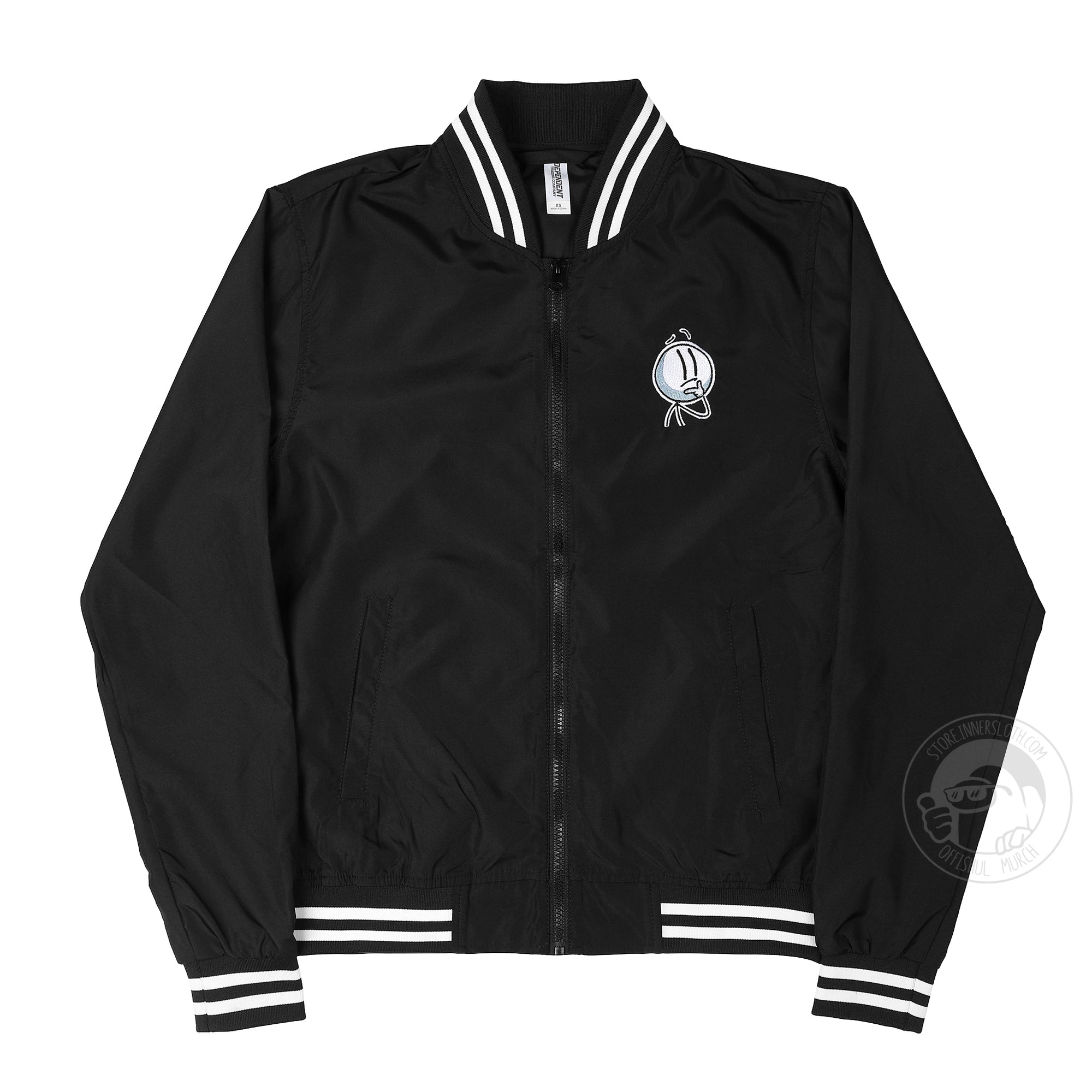 A flat-lay photograph of the black Henry Stickmin zippered bomber jacket on a white background. The front of the jacket has a single embroidered detail of the Henry Stickmin character in a thinking pose over the right breast. The collar, waistband, and sleeve cuffs have five alternating black and white stripes woven into the ribknit. The jacket is designed by PuffballsUnited and Embroidered by GlassEmbroidery.