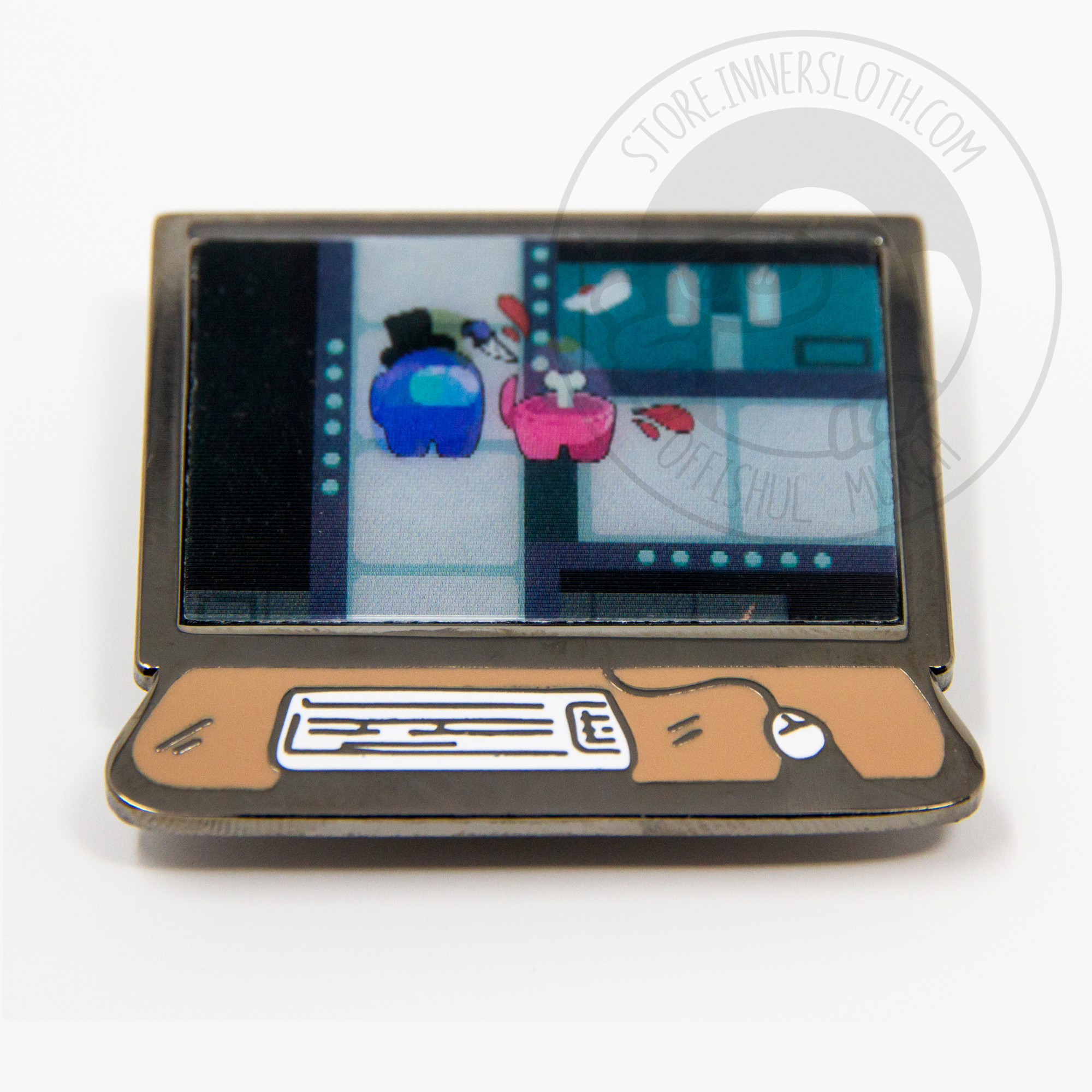An animated gif of the lenticular security camera pin, showing a computer screen with deskmat, keyboard, and wired mouse beneath. The image dissolves back and forth of a blue crewmate with a tophat stabbing a pink crewmate with an egg hat.
