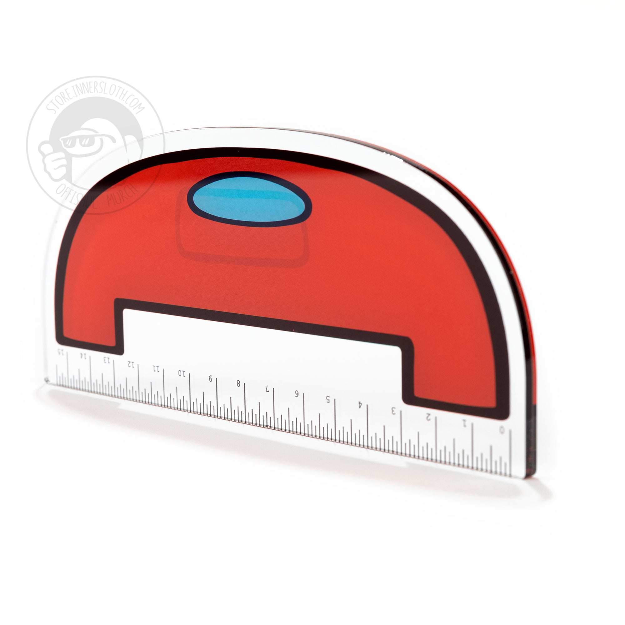 A product photo of the front of an acrylic ruler that is shaped like a long semi-circle. The straight edge includes measurements in inches. Above the measurements stands a simplified, wide red crewmate with a blue visor. 