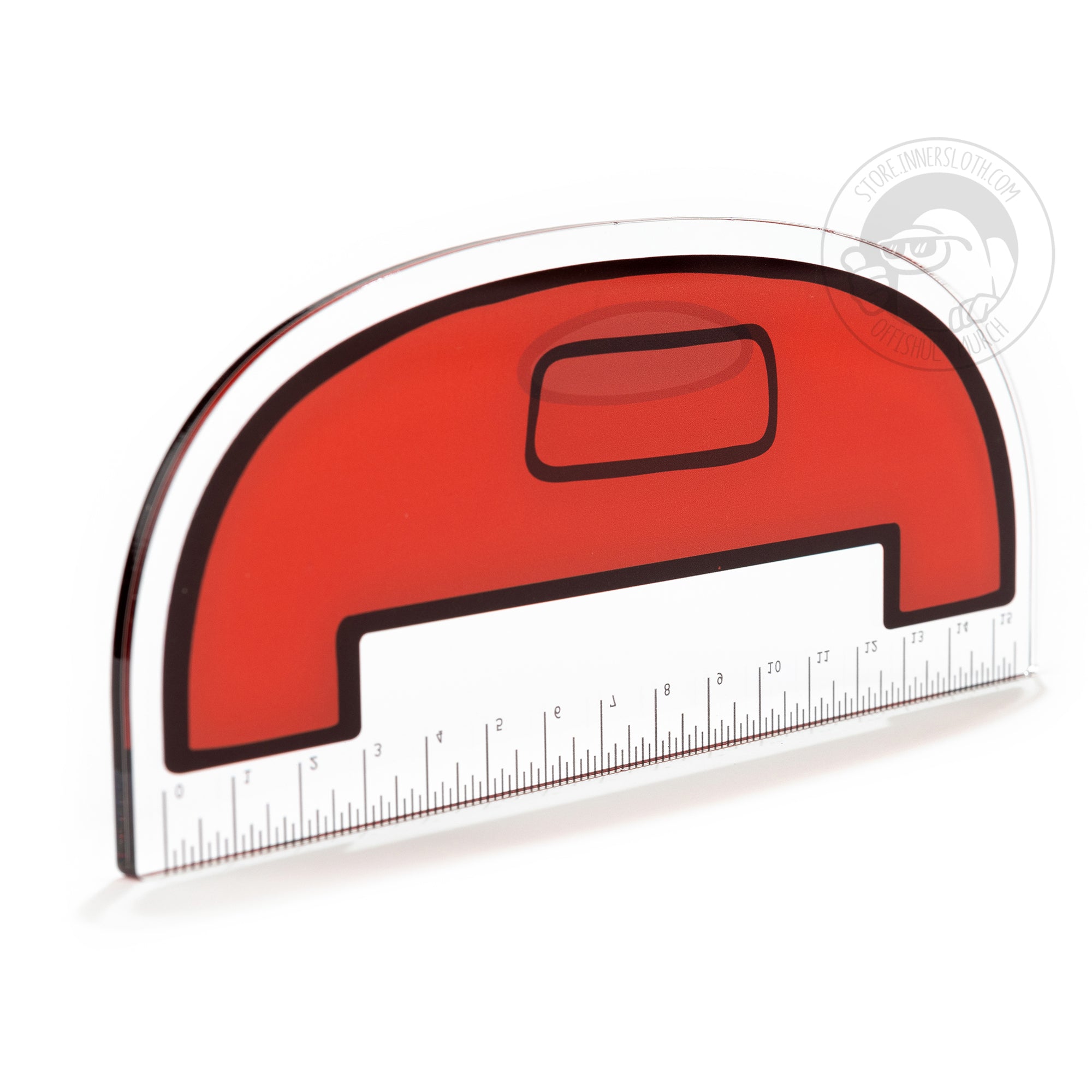 A product photo of the front of an acrylic ruler that is shaped like a long semi-circle. The straight edge includes measurements in inches. Above the measurements stands a simplified, wide red crewmate with a blue visor. 