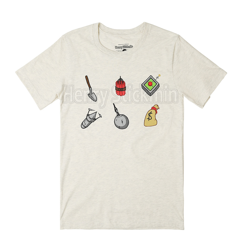 A flat lay photograph of an off white beige t-shirt on a white background. There are six screenprinted details on the front of the shirt, a shovel, a grouping of dynamite sticks, a lazer drill, a metal wrecking ball, a remote control teleporter, and a bag of money with a dollar sign on the front. Designed by PuffballsUnited.