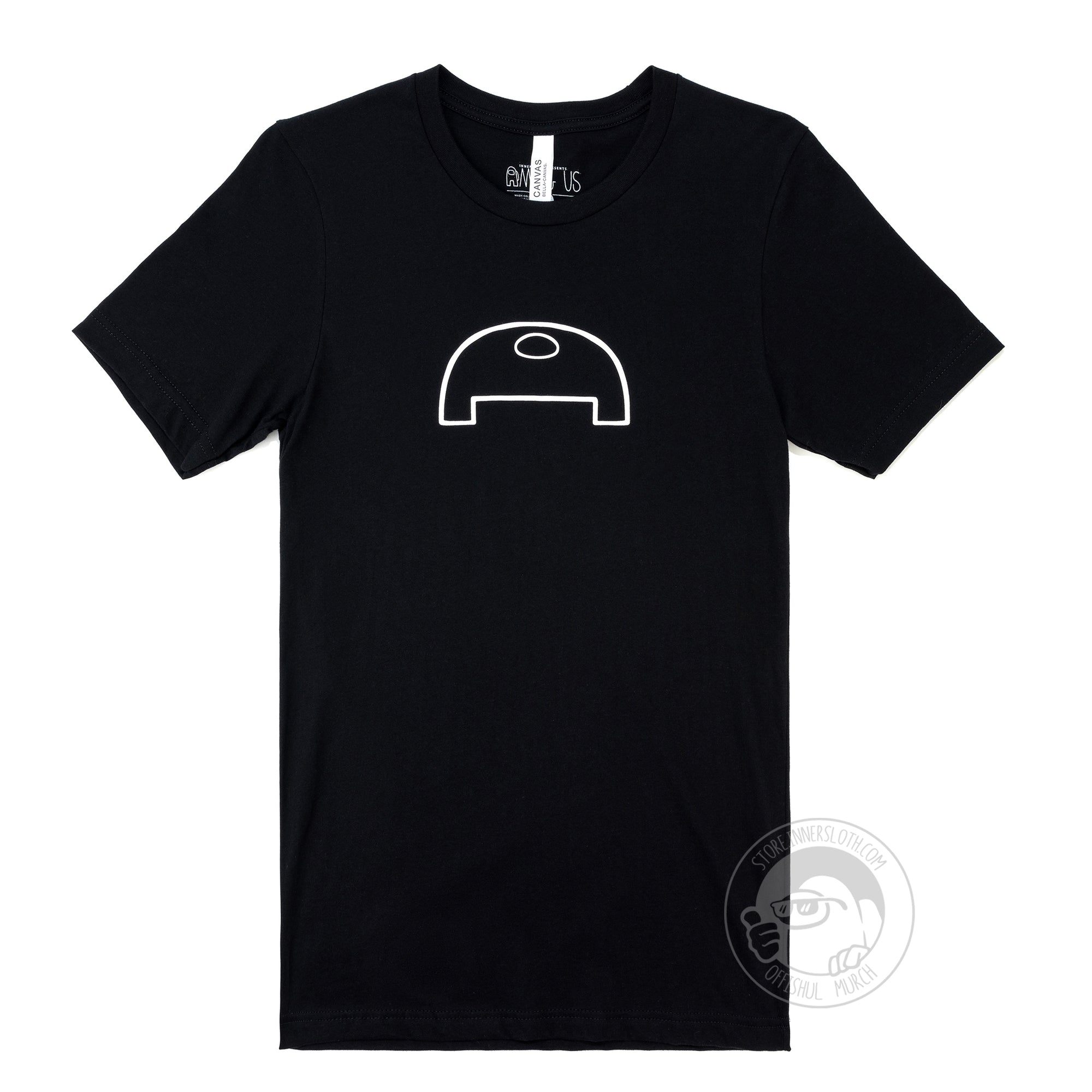 A flat lay photograph of the front of a black t-shirt. A wide crewmate is outlined in white in the center chest.