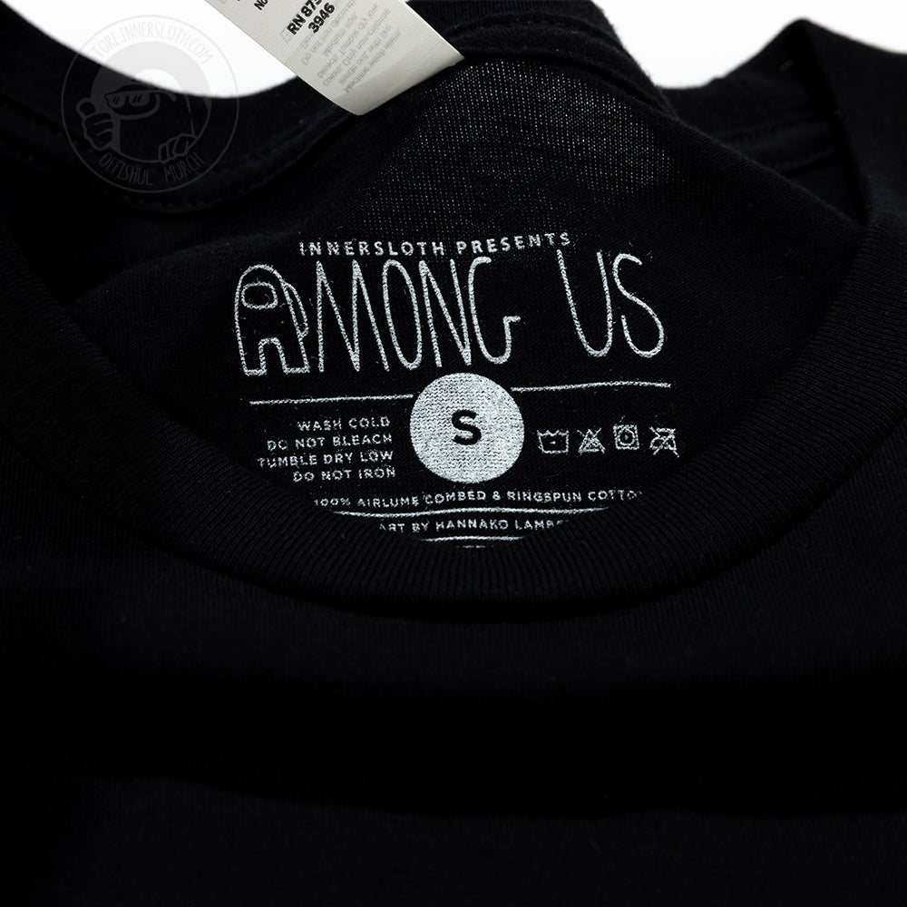 A closeup of the printed size and care information on the inside of the t-shirt. 