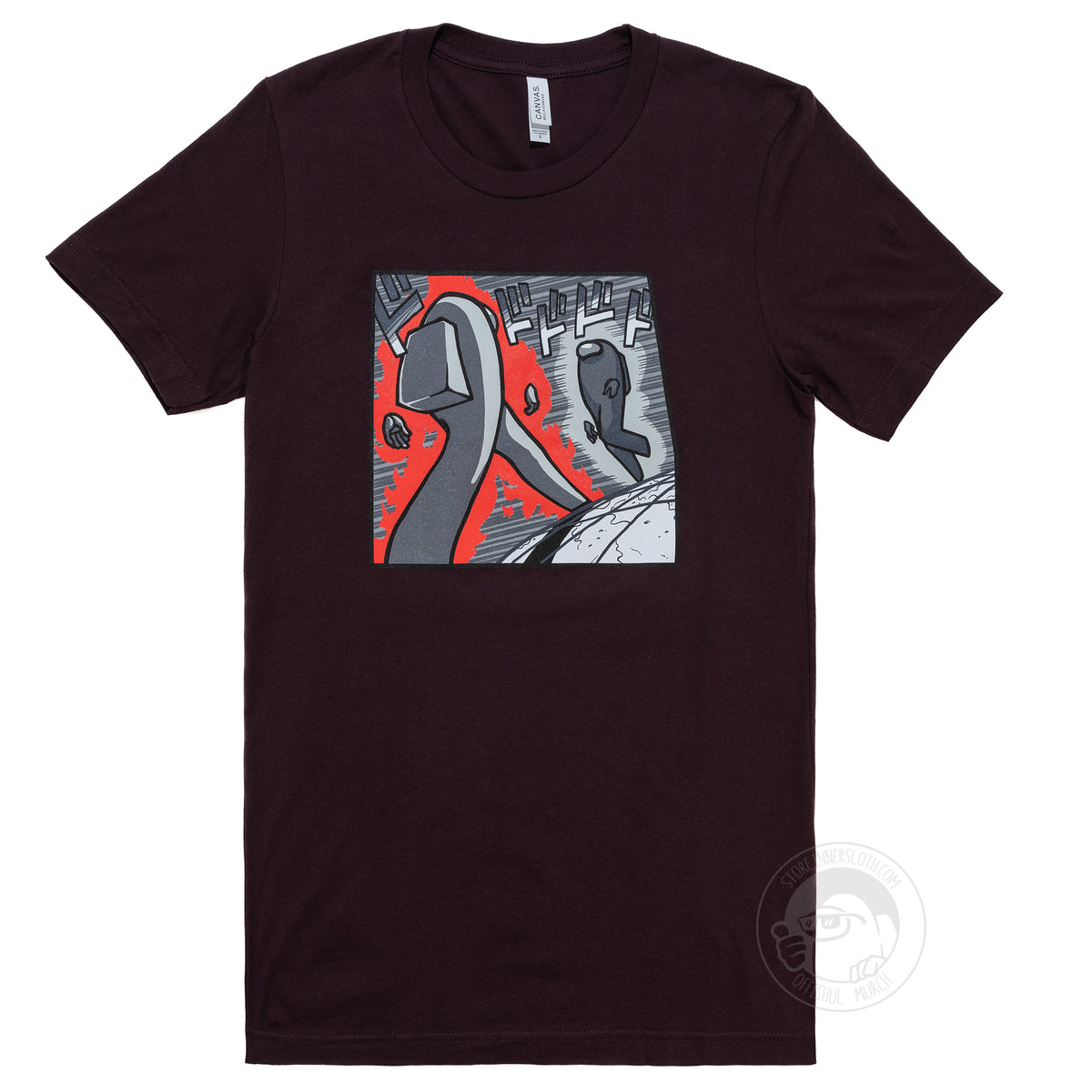  A flat lay photograph of the Among Us: Menacing T-Shirt. The maroon shirt depicts one long-legged crewmate striding to another, replicating the iconic scene from JoJo&#39;s Bizarre Adventure.