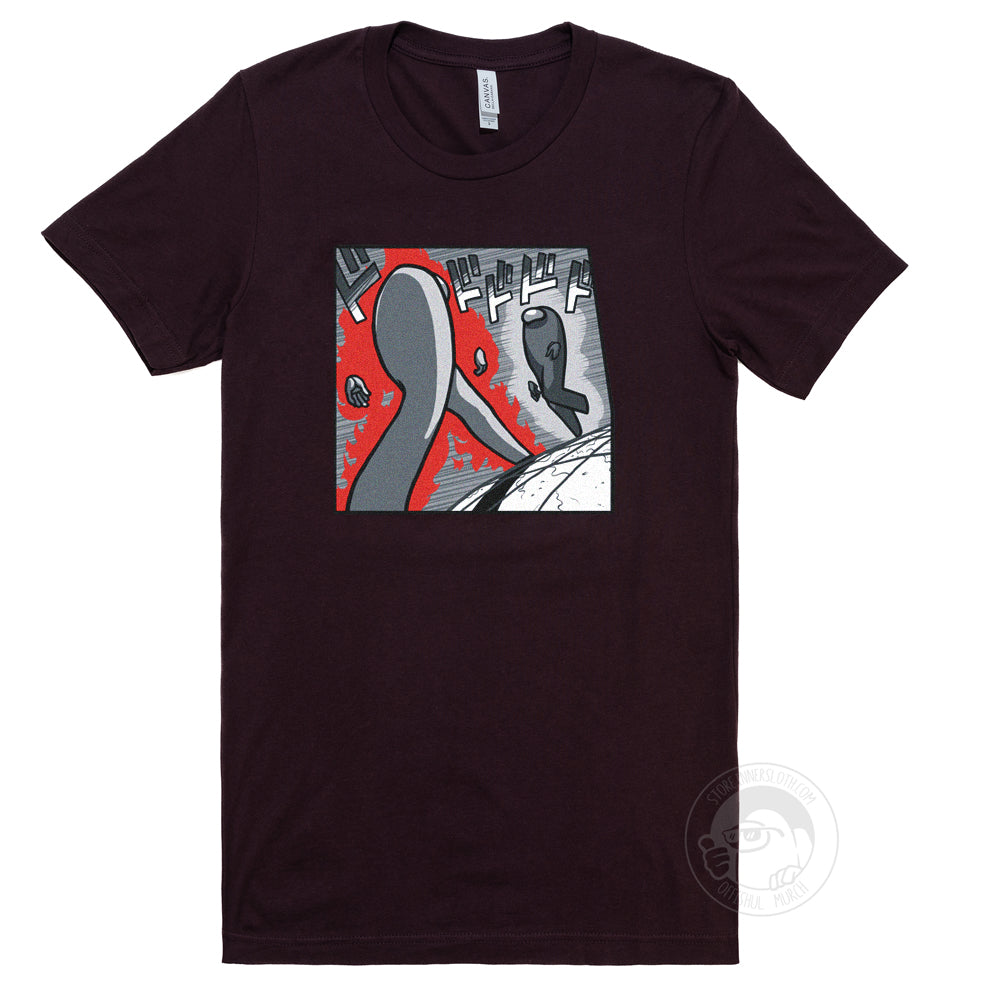 A flat lay photograph of the Among Us: Menacing T-Shirt (No Backpack). The maroon shirt depicts one long-legged crewmate striding to another, replicating the iconic scene from JoJo&#39;s Bizarre Adventure. The crewmates are not wearing backpacks.